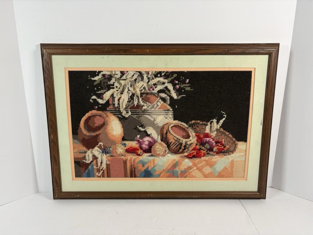 Vintage Southwestern Needlepoint Pottery Still Life Framed Wall Art Southwest